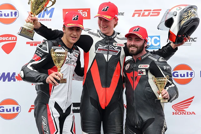 Saturday's Pro Supersport podium from Atlantic Motorsport Park (L-R): Alex Michel (2nd), Andrew Van Winkle (1st), and Laurent Laliberte-Girard (3rd). [Photo: Rob O'Brien / CSBK]
